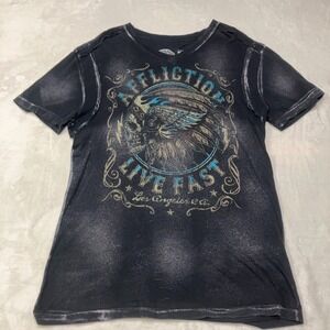 Vintage Y2K Affliction Shirt Men's XL Flame Skull Graphic Black Burnout Thin Tee